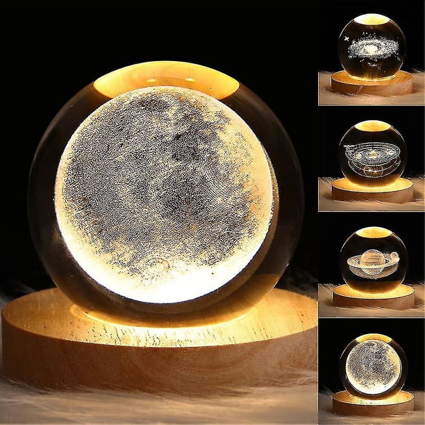 Sistema Solar de galaxia 3d, bola de cristal, luz nocturna, Luna de Saturno, planetas, grabado láser, lámpara de dormitorio para el hogar con soporte (hy)