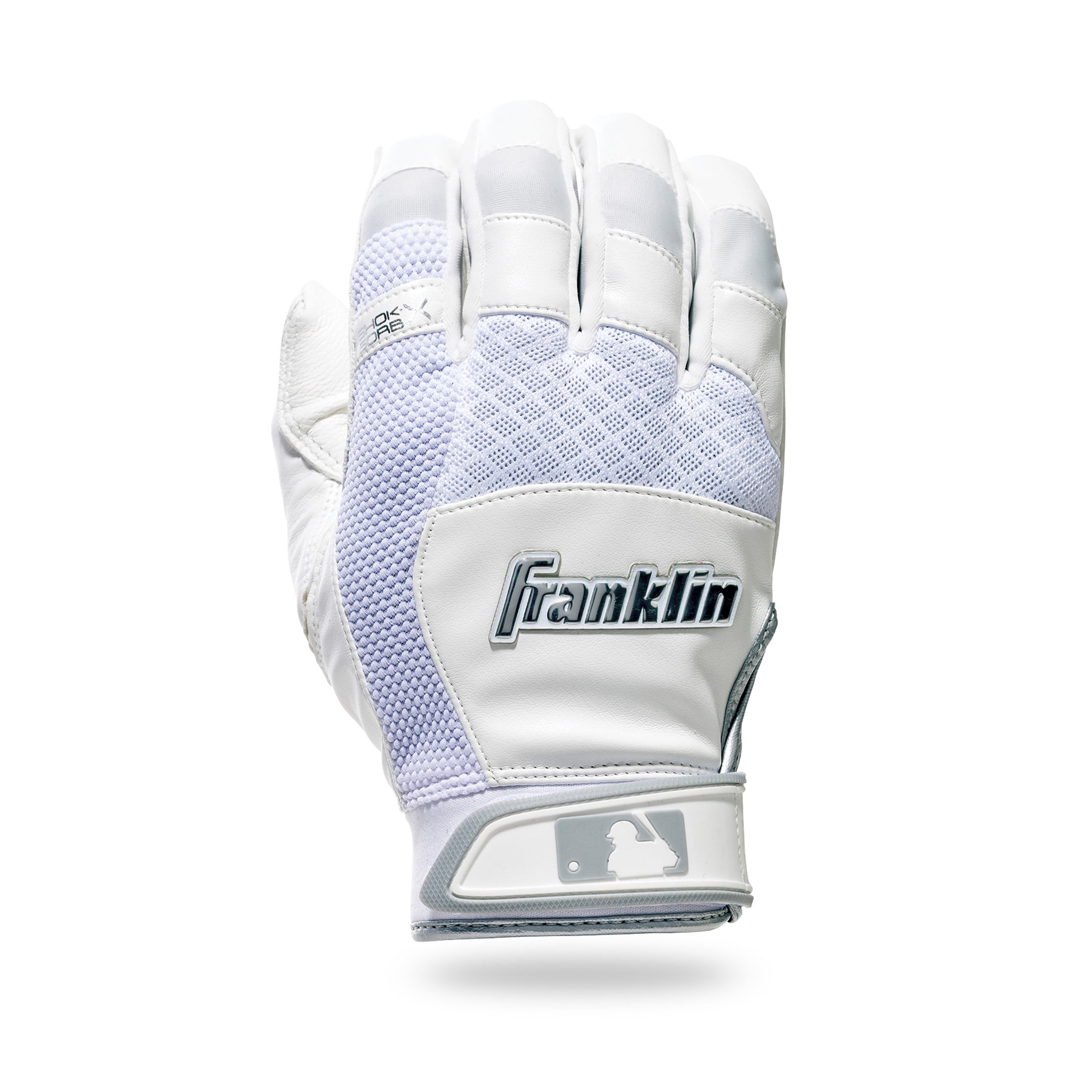 Franklin Sports MLB Baseball Batting Gloves - Shok-Sorb X Batting Gloves for Baseball + Softball - Adult + Youth Padded Non-Sting Pair - White + Chrome - Youth Large