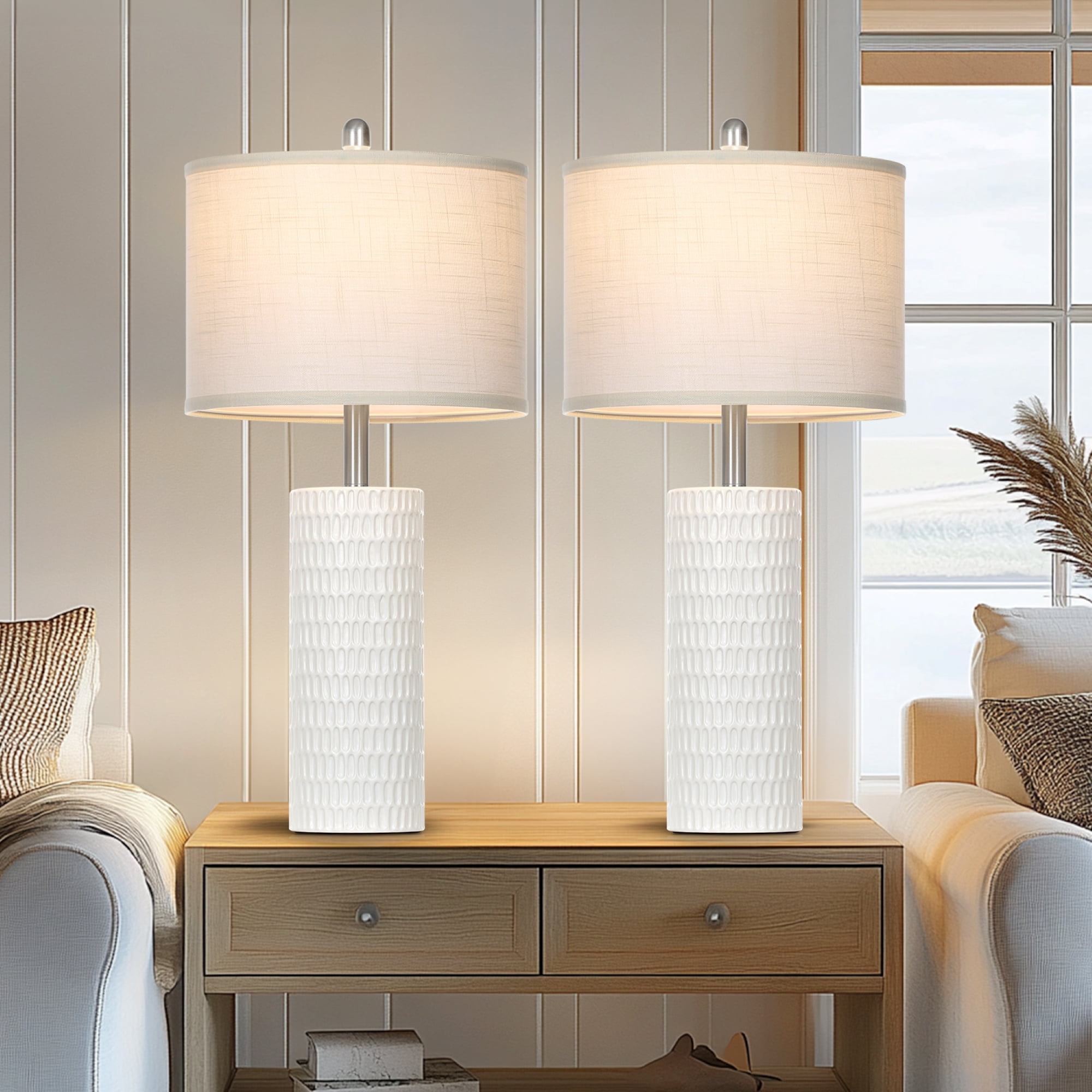 Cinkeda 27" Tall Ceramic Table Lamp Set of 2, White Cylinder Body with Carved Slot Pattern, Off-White Linen Shade, Rotary Switch, E26 LED Bulb Included for Bedroom Living Room