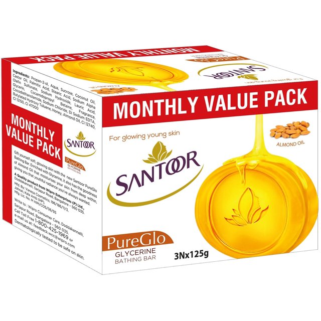 Jabón de glicerina Santoor Pure Glo - 125 g (paquete de 3)