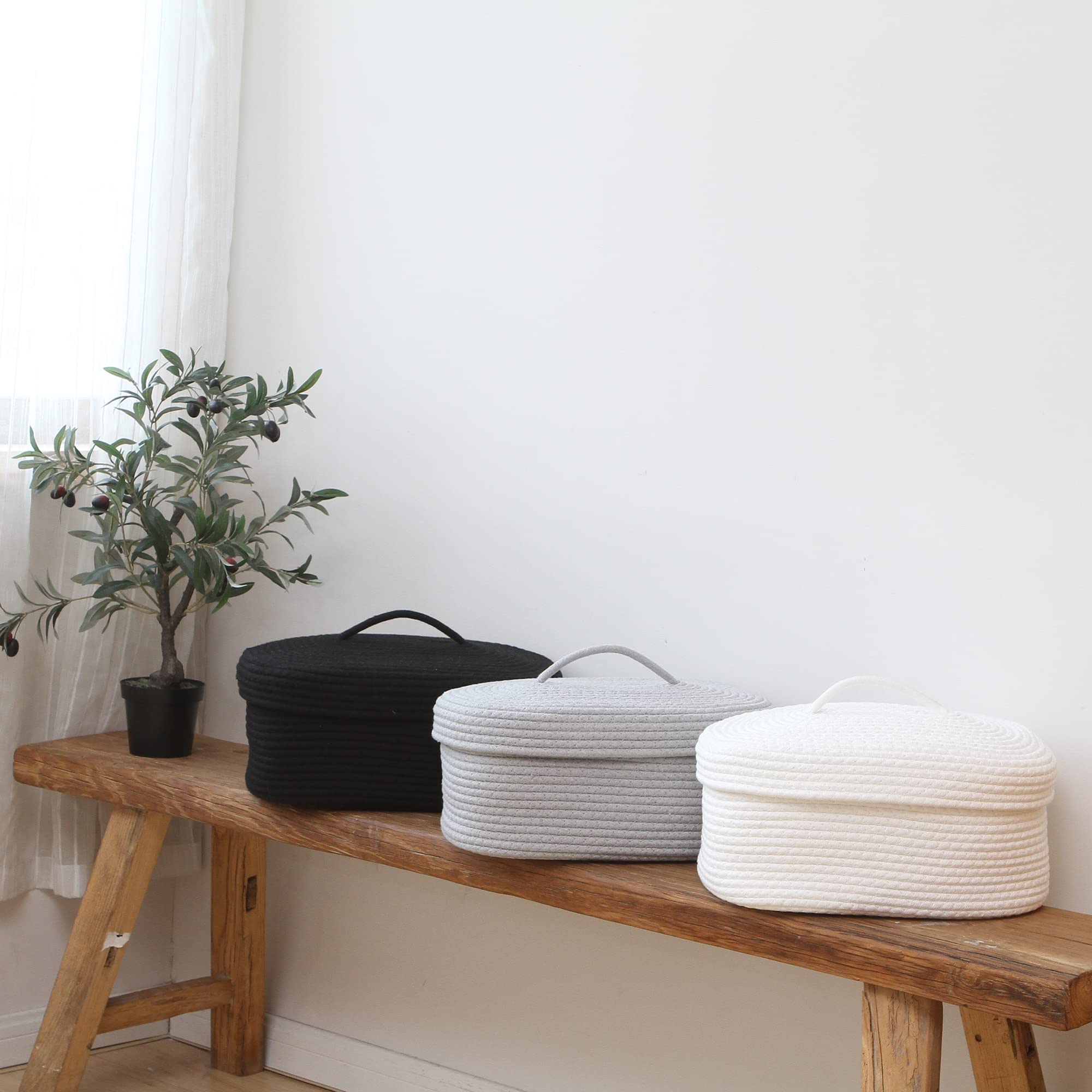 Sea Team Oval Cotton Rope Storage Basket with Lid, Lidded Woven Storage Bin, Nursery Storage Container, Diaper Caddy, Baby Shower Basket, Box, Organizer, 15 x 11 x 6.5 Inches, Black