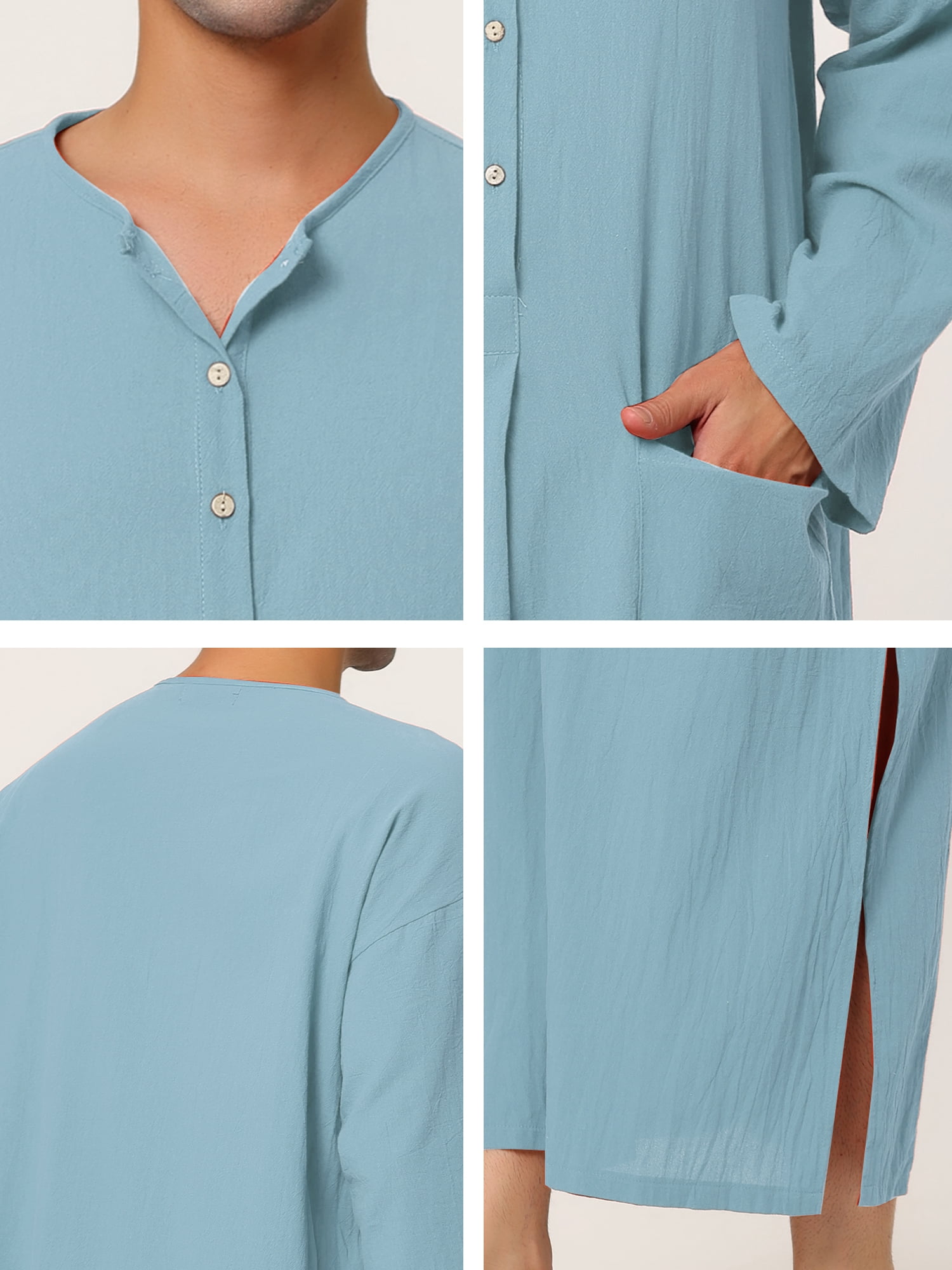 Unique Bargains Men's Nightshirt Cotton Sleep Shirt Side Split Long Nightgown S Light Blue