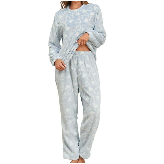 Xfvqtps Women Fuzzy Pajama Set Pullover Round Neck Long Sleeve Long Leg Love Print Sweet Thickened Cozy Soft House Wear Casual Warm Winter Flannel Top and Pants Set Blue