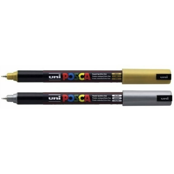posca Authentic Marker Set, 2 Silver & Gold Professional Grade Paint Markers with 1MR Extra Fine Tip
