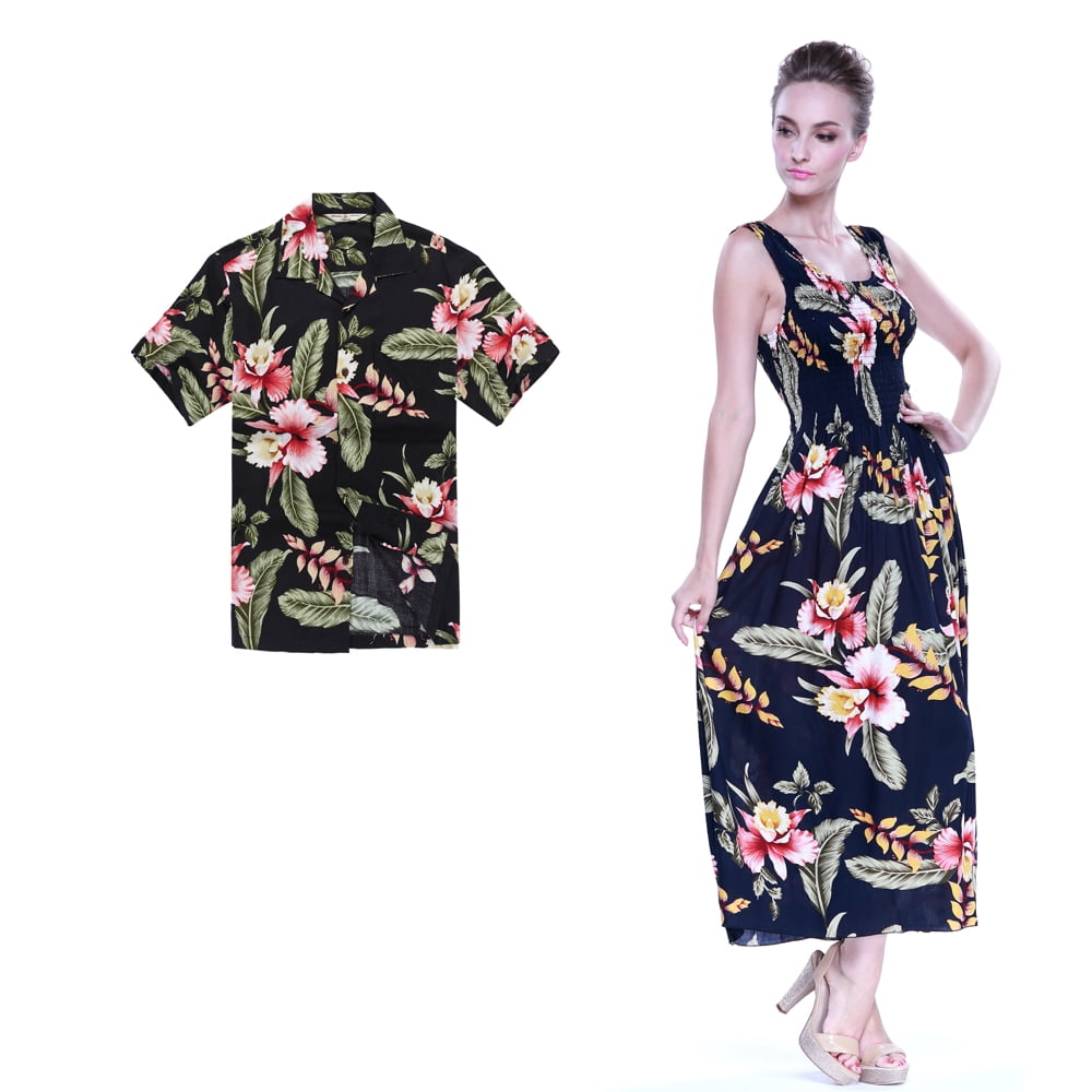 Hawaii Hangover Couple Matching Hawaiian Luau Aloha Shirt Maxi Tank Dress in Black Rafelsia