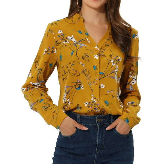 Blusa con botones de manga larga con cuello en V y blusas sueltas florales de gasa para mujer Amarillo XS