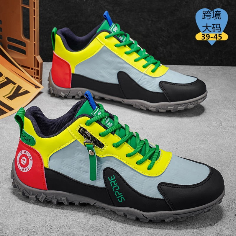 Men'S Plus Size Color Block Outdoor Hiking Shoes, Side Zipper Non-Slip Trekking Sneakers, Cross-Border Casual Shoes