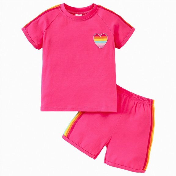 Paguaki Girls Two Piece Outfit Kid Toddler Heart And Rainbow Sequin T Shirt And Shorts Clothing Set