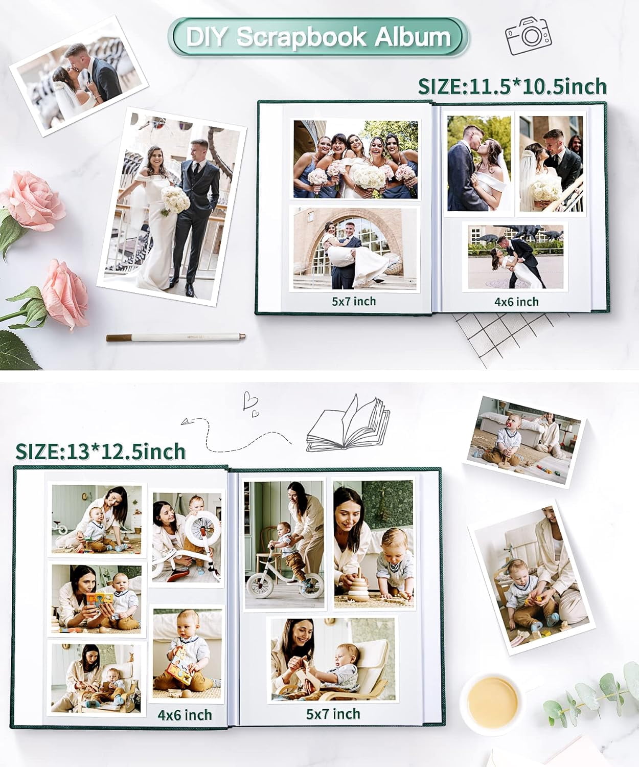 Popotop Photo Album Self Adhesive Scrapbook Album for 4x6 5x7 8x10 Pictures DIY Photo Book as Scrapbooking Supplies Kits, Birthday Gifts for Women Mom Wedding Baby Family Travel