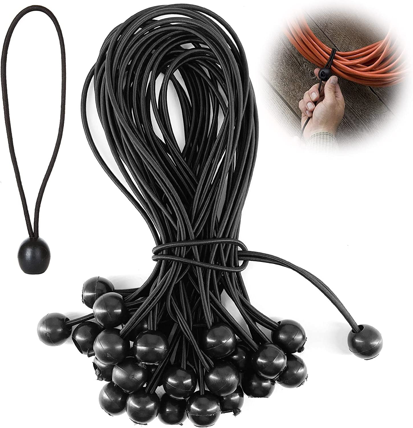 Ball Bungee Cords, 25 Pack 9 inch Black Bungee Ball Cords Heavy Duty Tie Down Strap Cord, Canopy