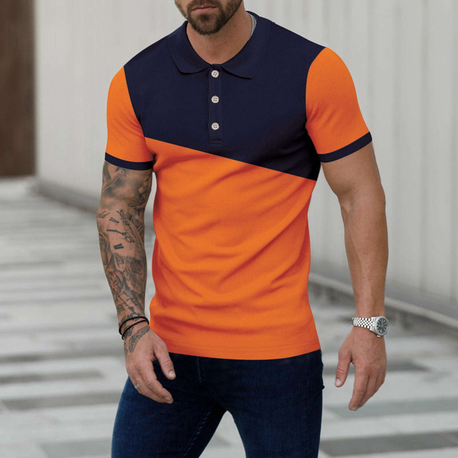 B91xZ Mens Shirts Mens Summer Fashion Soft Breathable Lapel Color Matching  Short Sleeve Shirt T Shirt Men's Tall Shirts Polo Shirts For Men Orange 4XL