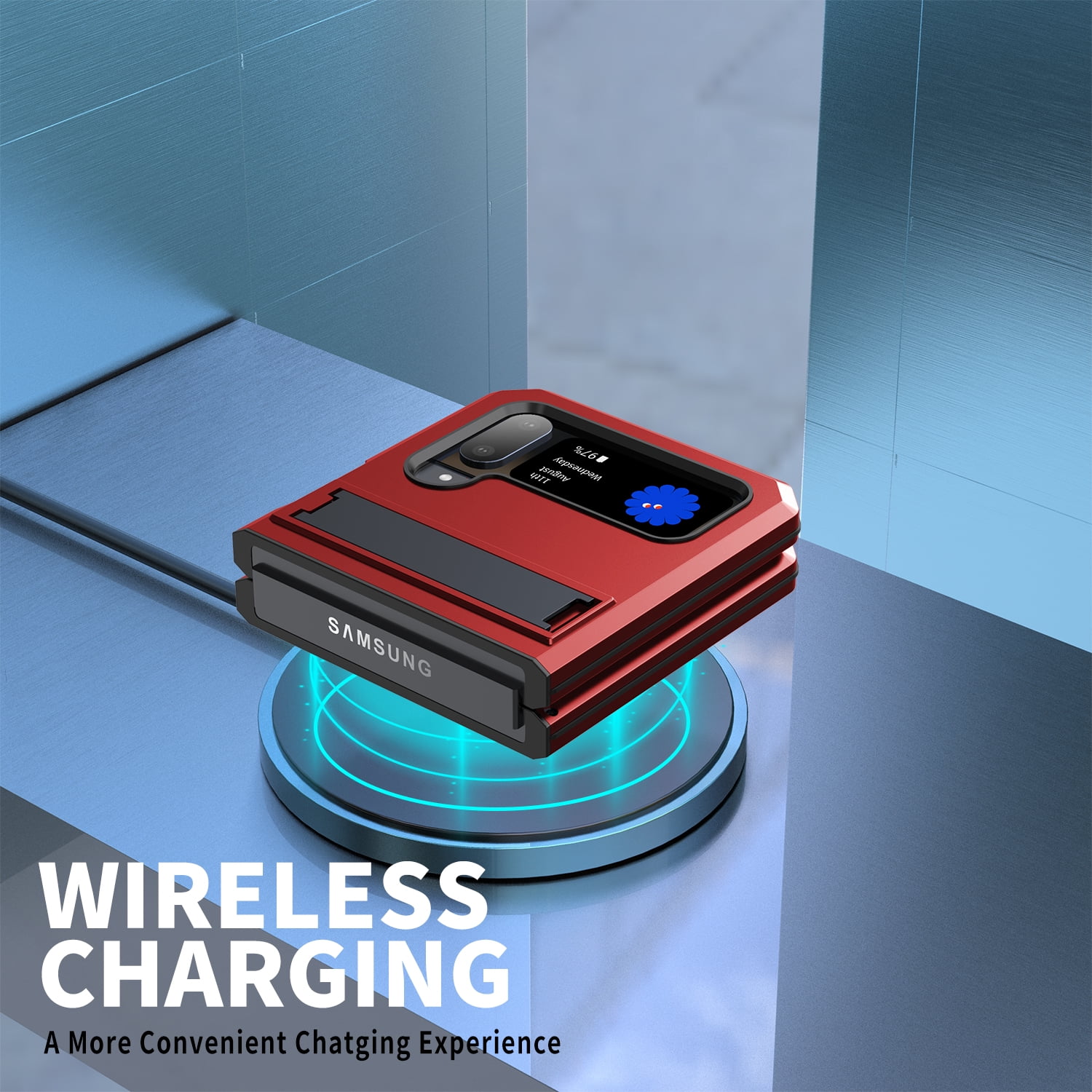 ELEHOLD for Samsung Galaxy Z Flip 4/3 6.7" Case, Heavy Duty Armor Built-in Explosion-Proof Tempered Glass Screen Protector Wireless Charging Hang Rope Hidden Kickstand Shockproof Rugged Case,Red