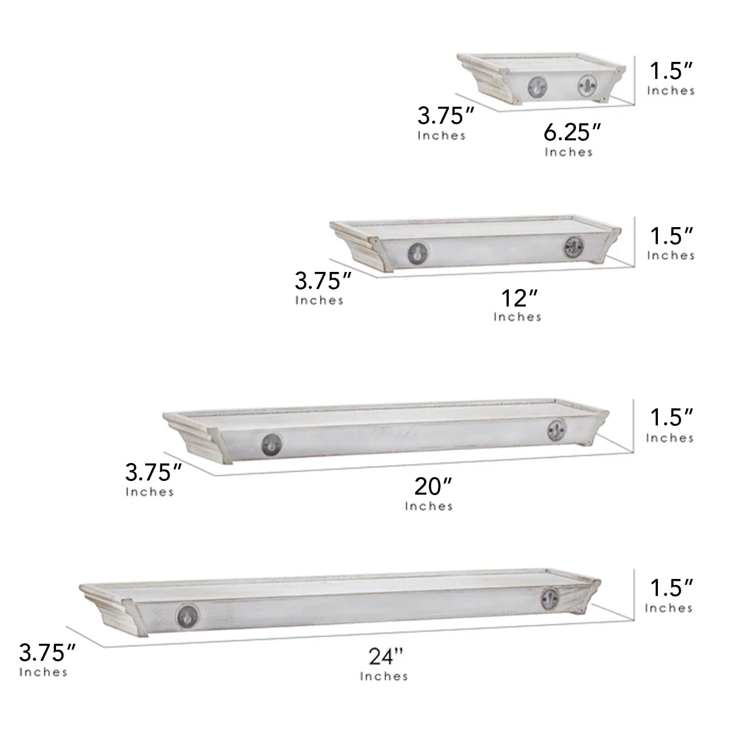 American Art Decor Whitewashed Wood Floating Wall Shelves with Crown Molding - White - Set of 4