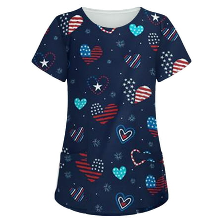 

National Flag Printed Working Uniform Lady Pocket Tops Day Printed Independence Sleeve Blouse Short Women Working Women s Blouse Scrubs Top Working Uniform Nurses