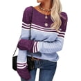 thumbnail image 3 of Women Autumn Winter Colorblock Pullover Sweaters Round Neck Striped Slim Fitting Knitwear Tops, 3 of 9