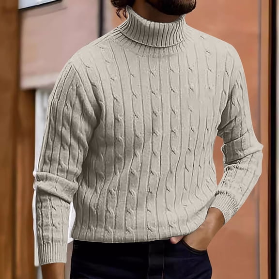 Aobny Cable Knit Men T Shirts Sweater Solid Tees Big & Tall Long Sleeve Turtleneck Mens Shirts,Beige,L