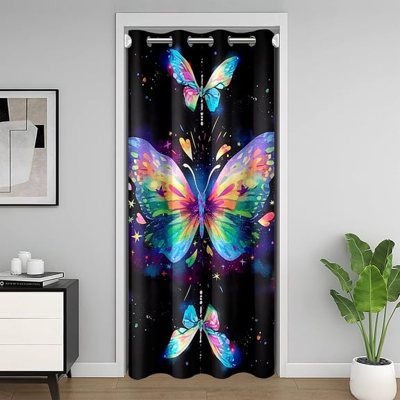Butterflies Door Curtain For Doorway Privacy 34"W x 80"L, Colorful Shiny Stars Galaxy Thermal Blackout Curtain, Ombre Tie Dye Art Door Drape, Black Purple Blue Animal Room Divider Curtain