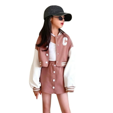 

Outfits For Teen Girls Children Kids Toddler Long Sleeve Patchwork Baseball Coat Jacket Outer Patchwork Skirt Set 2Pcs Clothes Suit