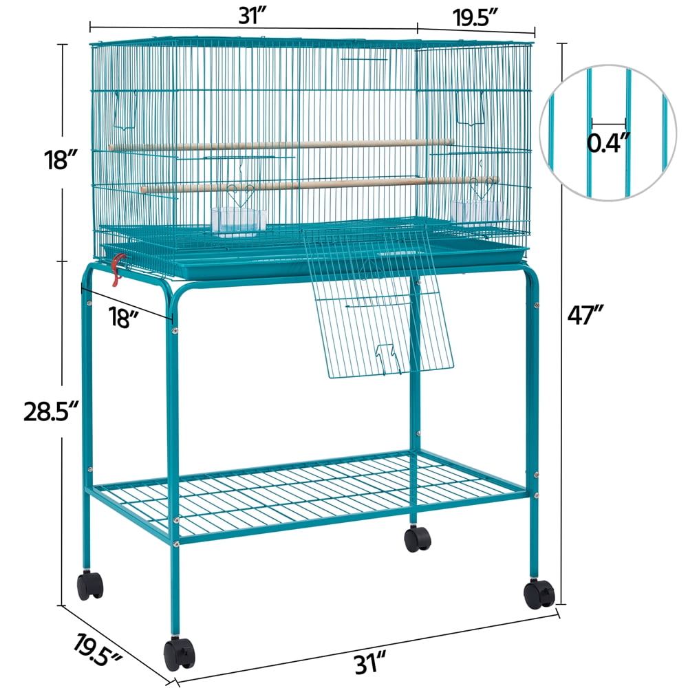 Renwick 47"H Rolling Stand Flight Metal Bird Cage with Slide-Out Tray for Small Birds, Teal Blue