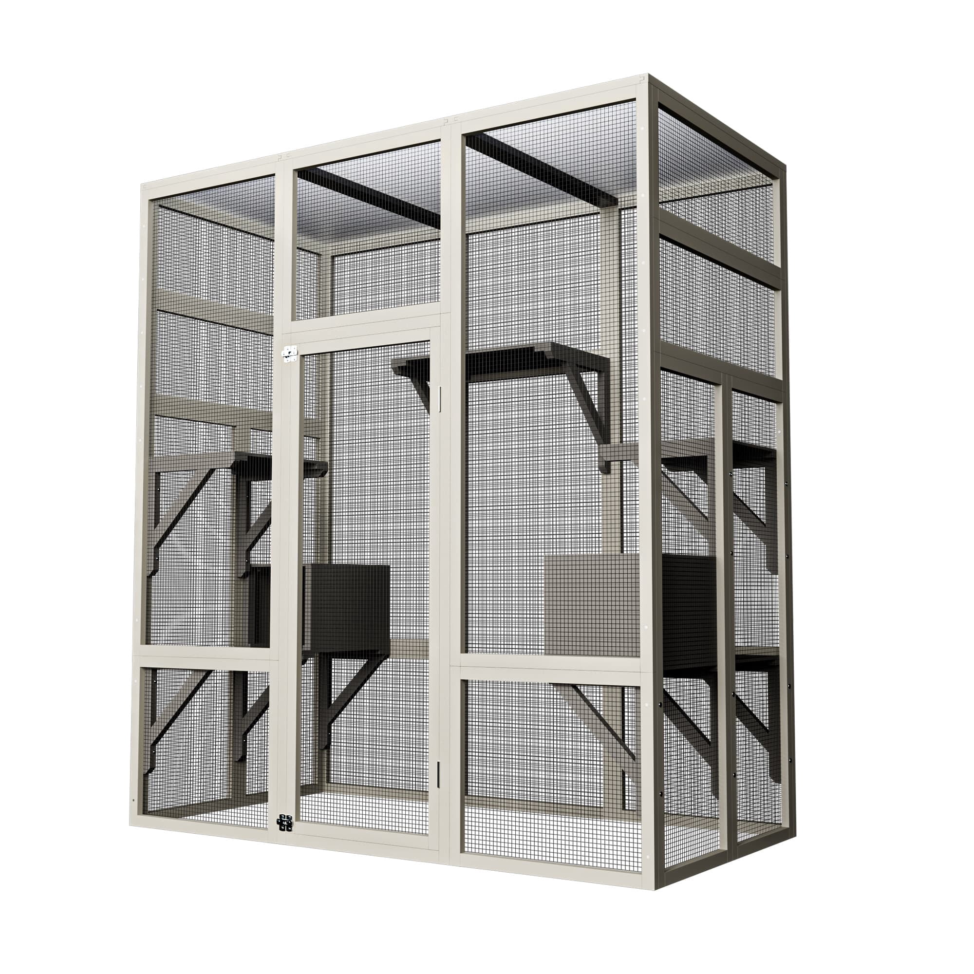 62.6" Outdoor Wooden Cat House Large Catio, Solid Wood Cat Cage Shelter Enclosure with Anti-UV & Waterproof Roof, 5 Platforms & 2 Resting Boxes, Gray