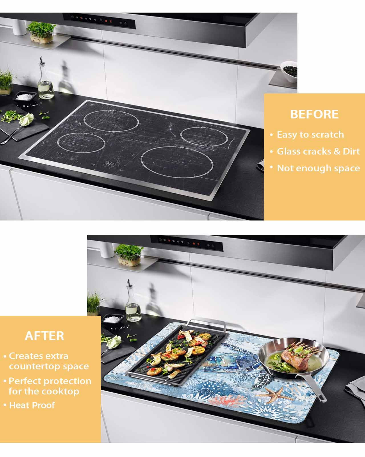 nqOlkjepod Large Induction Cooktop Protector Mat 24"x21", Blue Turtle Coastal Stove Top Covers for Electric Stove, Summer Beach Nautical Starfish Stove Burner Cover Mats, Glass Top Stove Cover