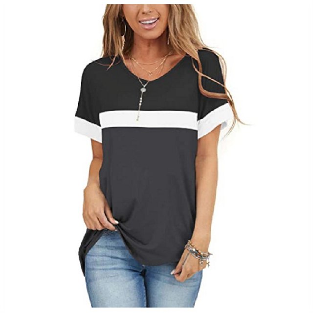 Nouveau T-Shirt Décontracté pour Femmes à Manches Courtes V Col Rond Tops Lâches et T-Shirt d'Épissure Imprimé à Rayures
