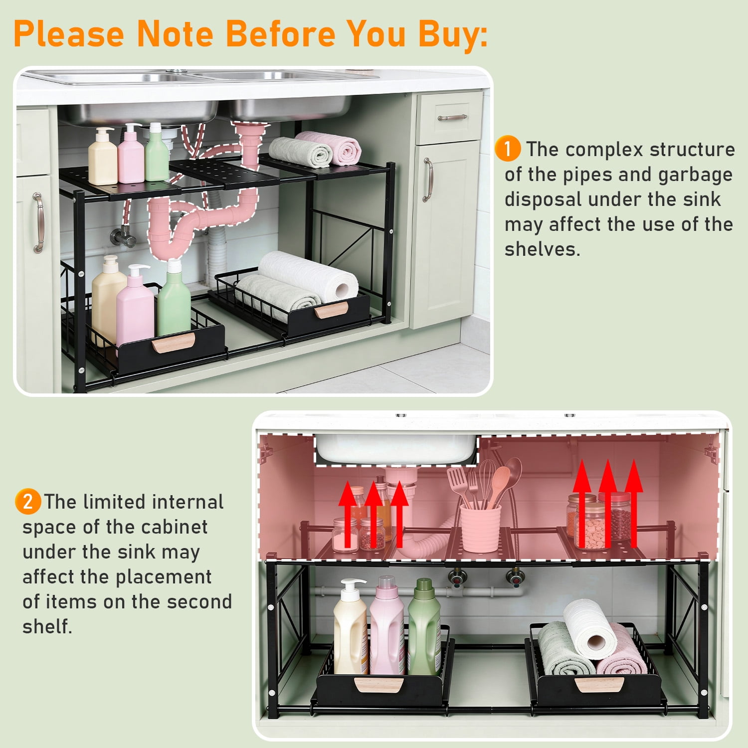 2 Tier Under Sink Organizer and Storage, Expandable Length 21.5"-31.8", Height Adjustable, 2 Sliding Drawers & Movable Top Shelves, for Bathroom & Kitchen, Black