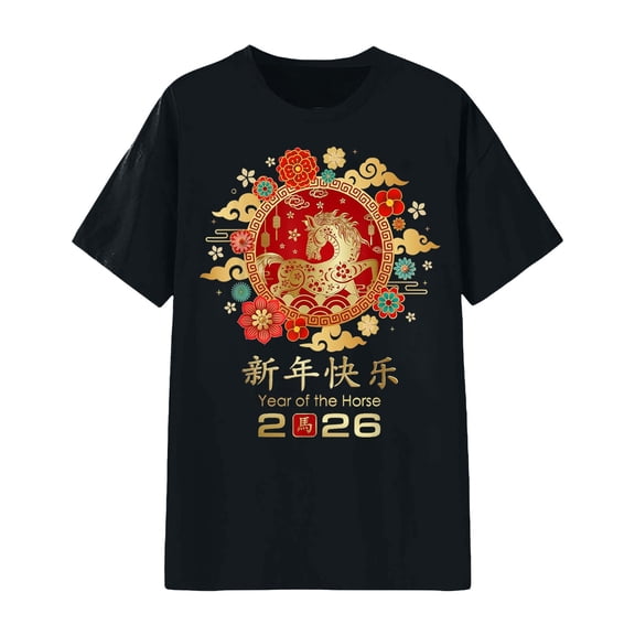 NAFUU Ladies T-Shirts Short Sleeve 2026 Year Of The Horse Print Casual Crew Neck Soft Top Everyday Wear Basic Tees For Women,Black