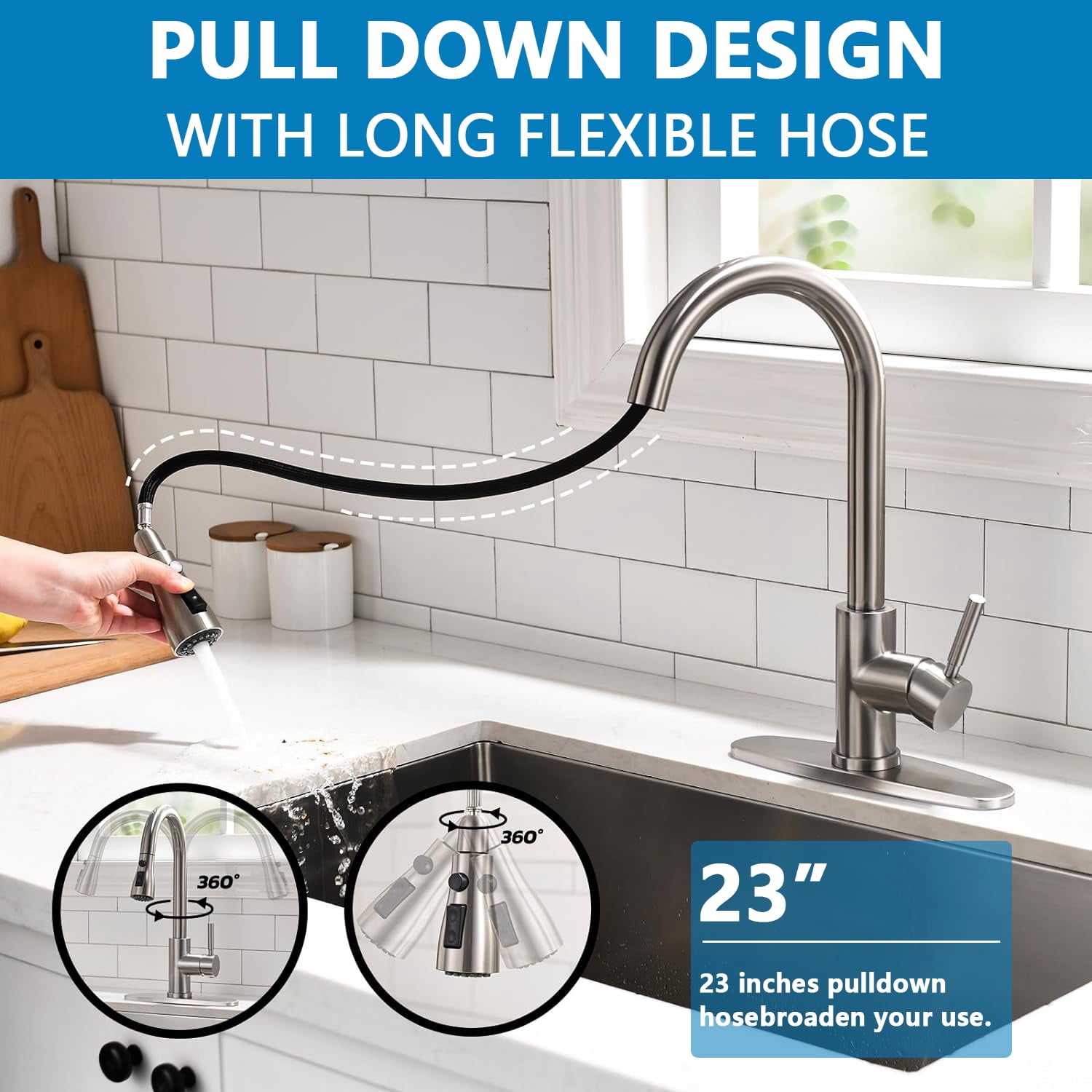 Inolait Kitchen Faucets, Brushed Nickel Kitchen Faucet with Pull Down Sprayer, High Arc Single Handle Stainless Steel Sink Faucets 1 or 3 Hole, Kitchen Sink Faucets for Bar Laundry RV Utility Sink