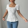 thumbnail image 3 of Perfectbot Women's Square Neck Lace Blouse Short Sleeve Bowknot Dressy Casual Slim Waist Tops, 3 of 6