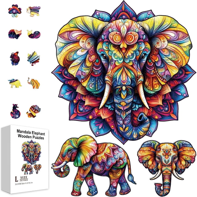 Rompecabezas de madera de 200 piezas con diseño de elefante mandala para adultos, rompecabezas de madera coloridos con formas únicas, regalos de cumpleaños.