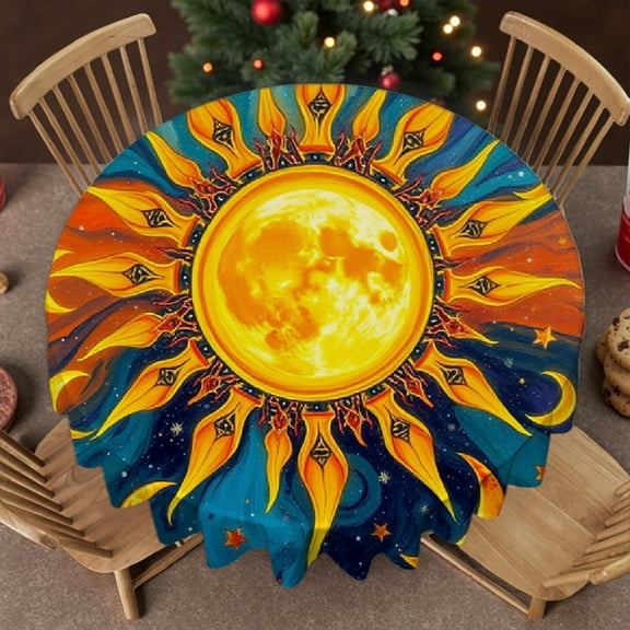 RKSupls Round Tablecloth - Celestial Sun Moon Microfiber Table Cover - Soft, Stain Resistant & Washable Decor for Wedding, Party, Holiday, Home Dining, 60x60inch