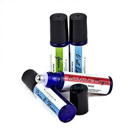 GreenHealth - Aromatherapy Essential Oil Roll On - 1/3 fl oz (10 ml) Germ Ninja, C'est La Vie, Pain & Strain, & Headache Magic- Ready-to-Use- 100% Pure Essential Oil Blends