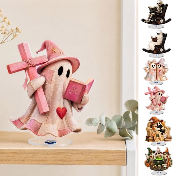 pathside Rotating Multicolor Ghost Acrylic Ornament, 360 Degree Cute Halloween Decor for Office Desk