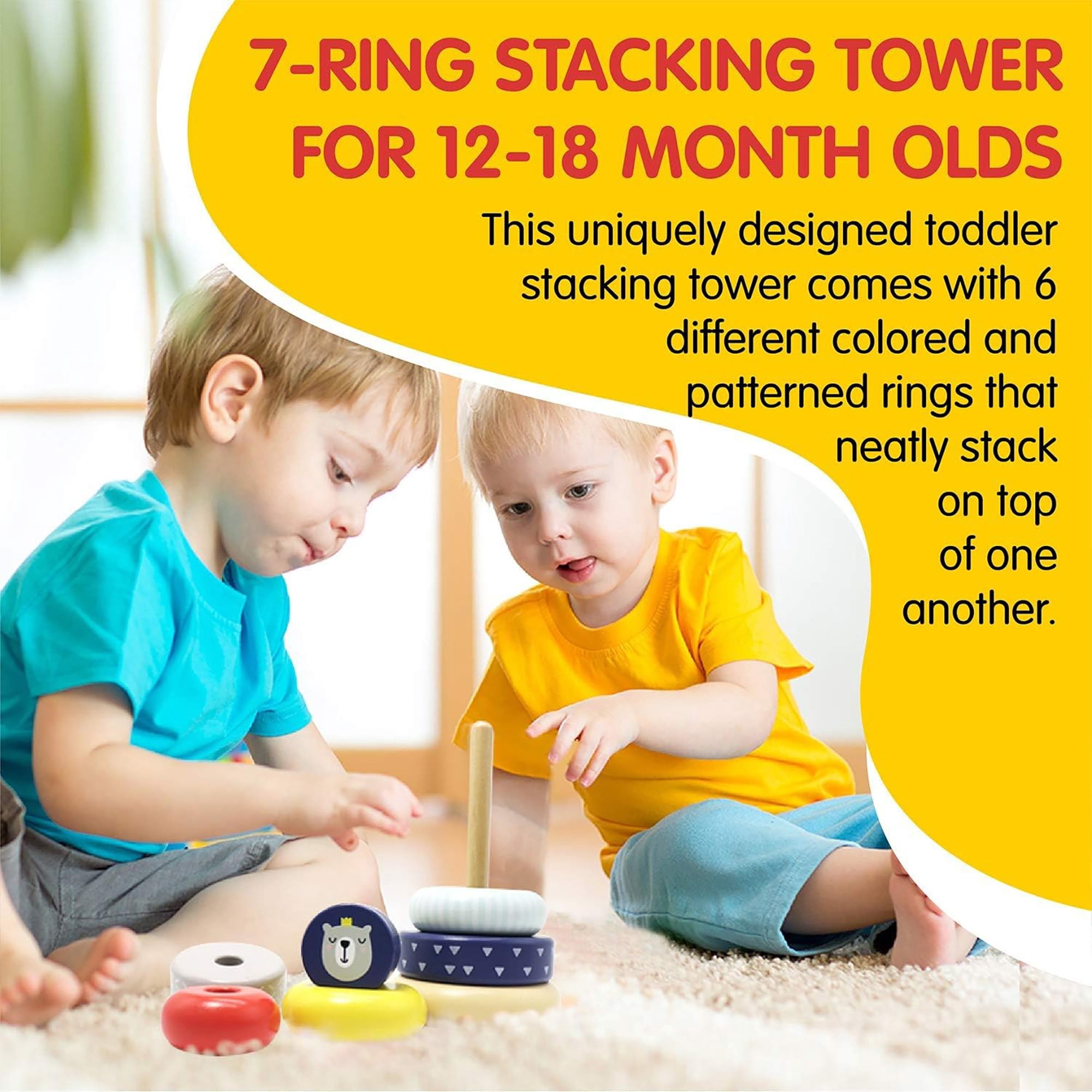 LEO & FRIENDS: Wooden Stacking Ring Toy - Coloful Tower, Benny The Bear Animal Topper, Sorting, Montessor, Early Development, Baby-Toddler-Kids 12mo+