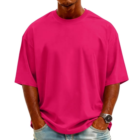 OIOLOYJM T Shirts for Men Casual Solid Color Tees Textured Short Sleeve Crew Neck Pullover Spring Trendy Clothes Hot Pink 2XL