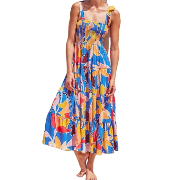 Women's Floral Tie Shoulder Smocked Tiered Maxi Dress Multicolored Pattern 100% Polyester Casual Sleeveless Square Neck