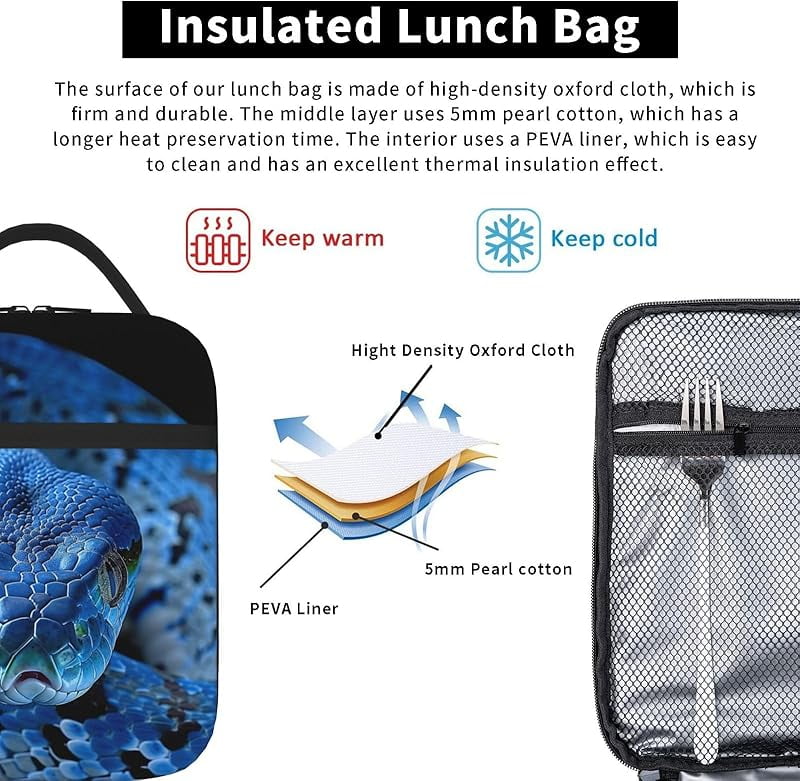 Snake Lunch Box Cool Blue Snake Lunch Bag Insulated Reusable Portable Lunch Tote Cooler Bag for Women Men Teens , Office Work Travel Lunchbox