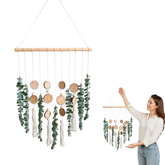 Boho Wall Decor Artificial Eucalyptus Wall Hanging Plant, Wooden Stick Fake Greenery Wall Decor for Bedroom, Ready to Hang Wall Plant Holder Rustic Farmhouse Bedroom Decor for Kitchen Bathroom Dining