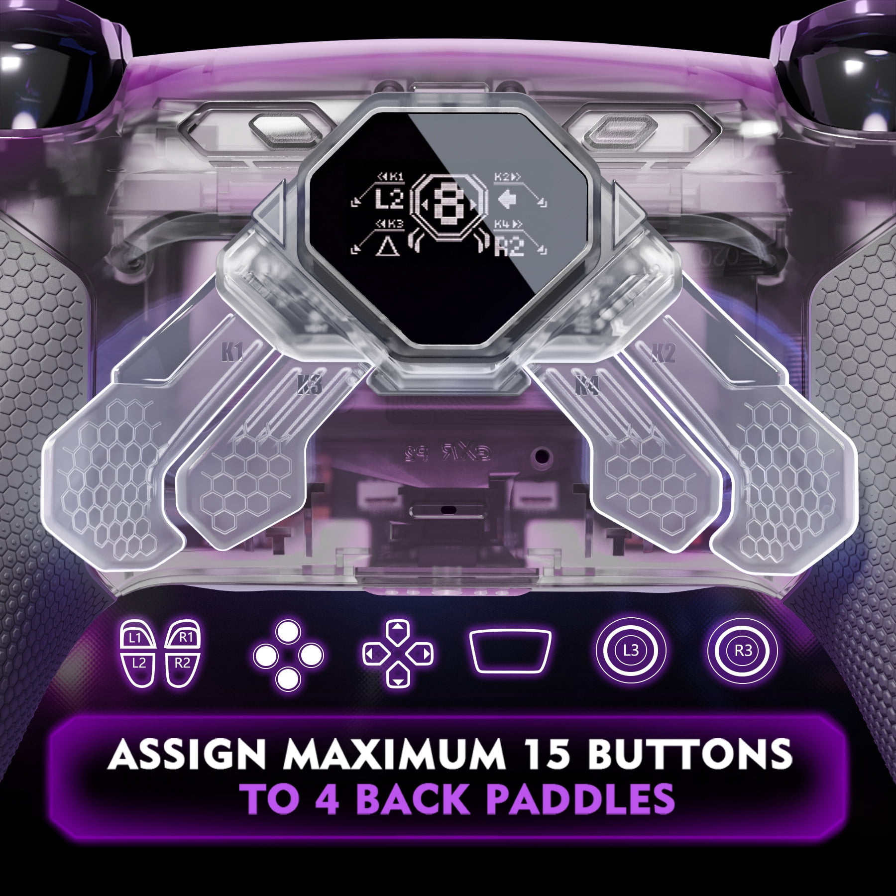 eXtremeRate SPARK Back Paddles Kit for PS5 Controller BDM-030 040 050 Models, OLED Display + Clicky Trigger Stops + Ergonomic Rubberized Grips Remappable 4 Back Buttons Set - Clear & Gray