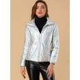 thumbnail image 3 of Chaqueta acolchada de plumón metálico acolchado con cremallera brillante holográfica para mujer Plata XS, 3 of 6