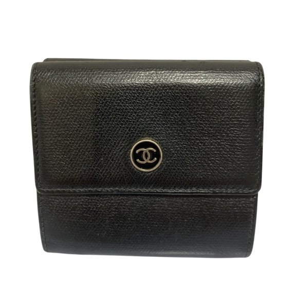 Pre-Owned CHANEL Coco Mark Button Leather Compact Tri-fold Wallet, Black, Women's