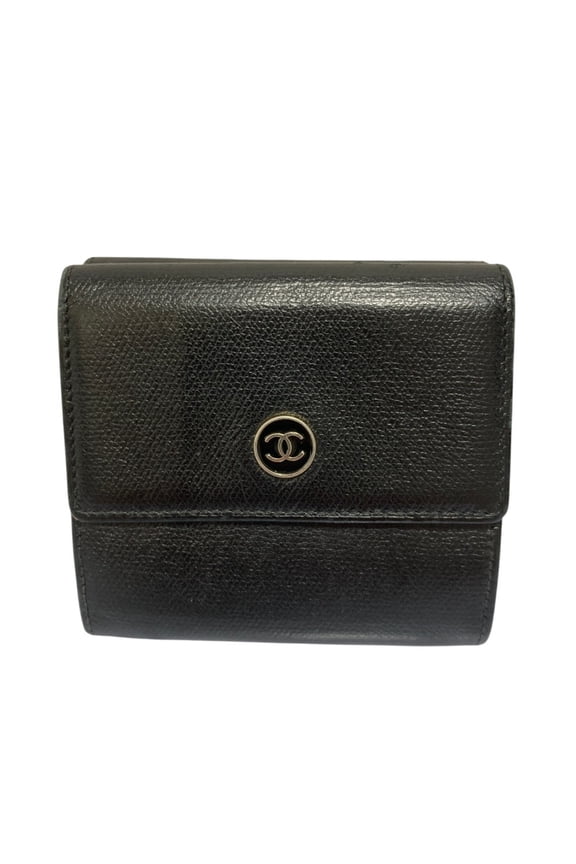 Pre-Owned CHANEL Coco Mark Button Leather Compact Tri-fold Wallet, Black, Women's