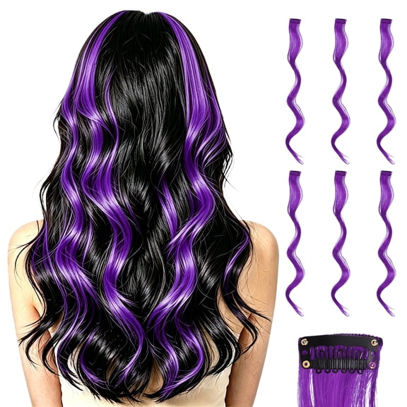 Uxcell 6 Pcs Colored Clip in Hair Extensions, 22 Inch Curly Hair Wavy Extensions for Women Girls Highlights Synthetic Wig for Party Cosplay Daily Hair Styling, Grape Purple