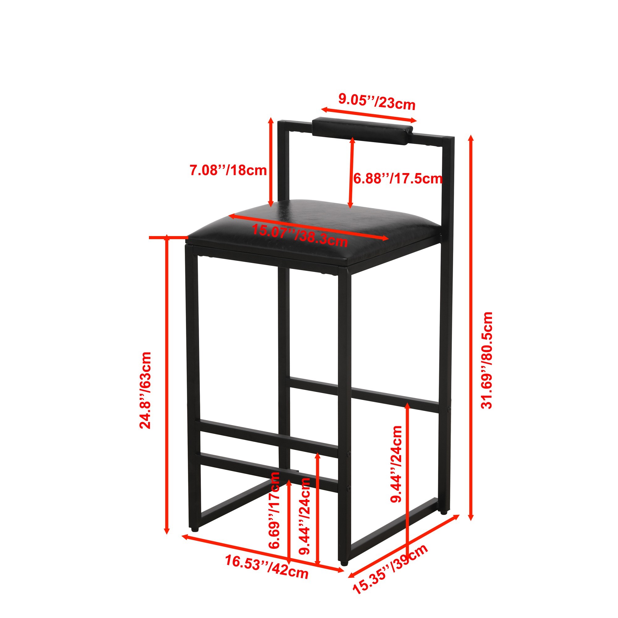 Bar Stools Set of 2,Counter Height Bar Stools with Back and Footrest,PU Upholstered,Rustic Black