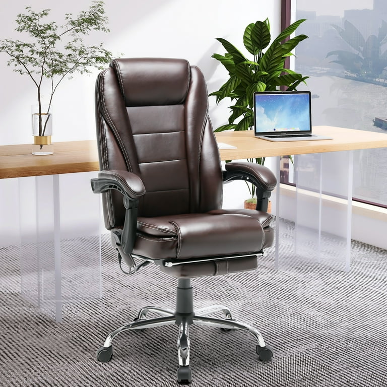 Executive Chair, High Back Leather Desk Chair w/ Retractable Footrest - Brown