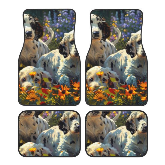 Fotbe Sunflower Field Spotted Dog Juego de 4 Tapetes para Auto con Estampado – Alfombrillas de Goma Reforzada, Diseño Antideslizante, Protección para Todo el Año – Vehículos, Autos, Camionetas y SUVs