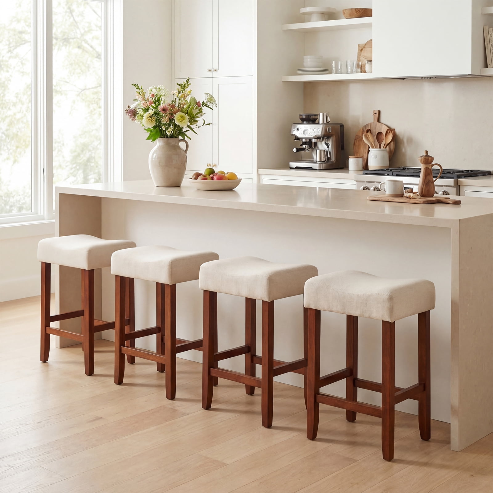 Costway Set of 2 Bar Stools Counter Height Saddle Kitchen Chairs with Wooden Legs  Off-White + Brown