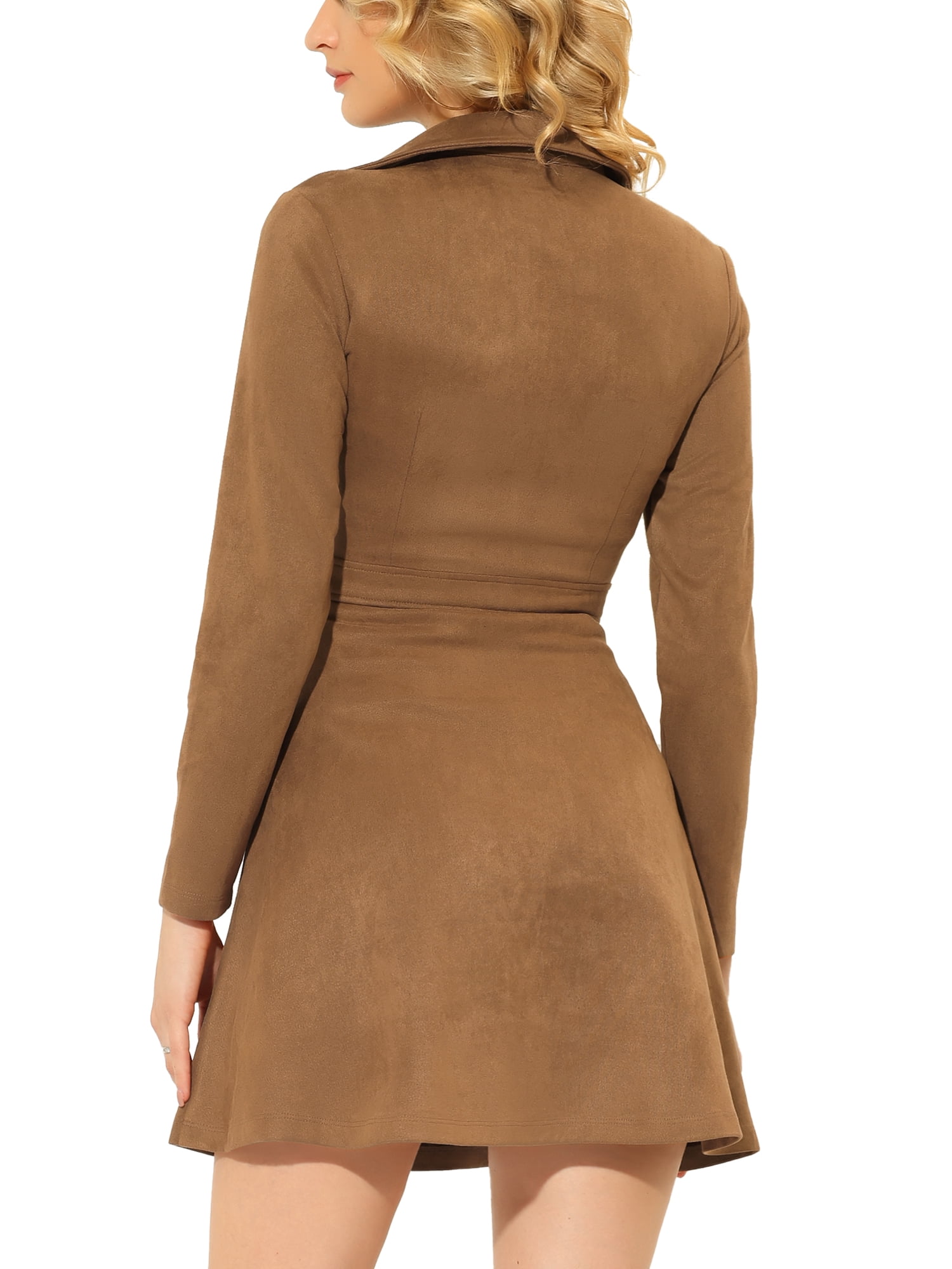 Unique Bargains Women's Faux Suede Dress Notched Collar Long Sleeve Dresses S Brown