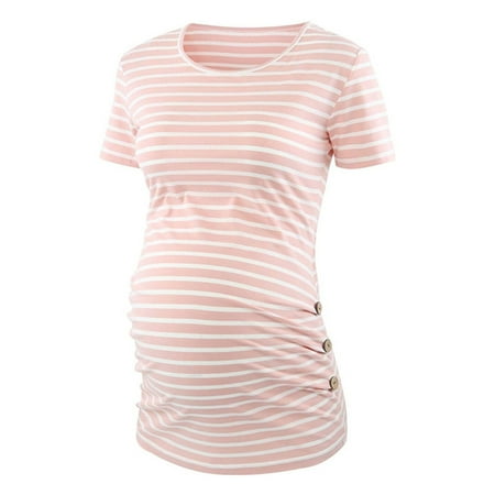 

Egmy Maternity O-Neck Solid Short Sleeve Breast-Feeding Pregnant Woman Nursing Blouse